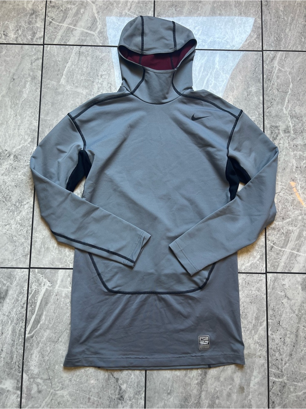 Nike Pro Combat Hyperwarm Dri-FIT Max Balaclava Hoodie Mens Gray Maroon Logo XL